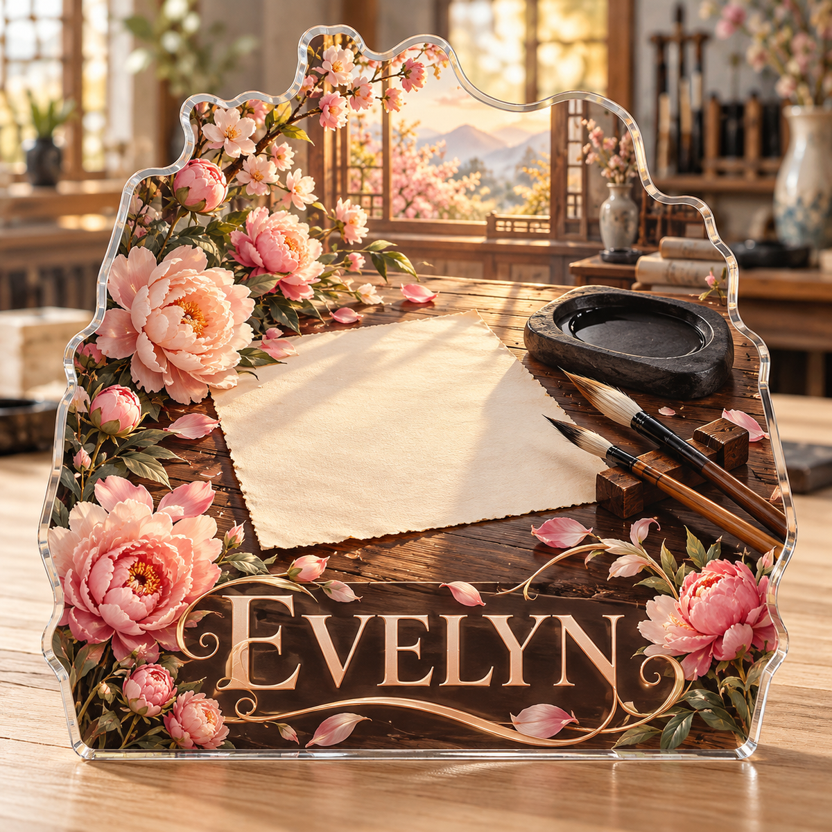 Front view of personalized calligraphy peony ink atelier acrylic plaque with sample name EVELYN, displayed in a softly blurred elegant calligraphy studio on pale oak worktable