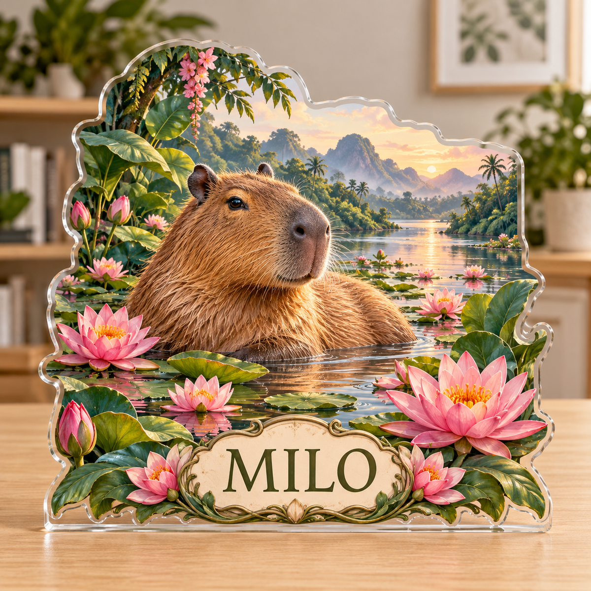 Front view of a capybara waterlily river custom-shape acrylic plaque with example name MILO, displayed in a softly blurred botanical reading room on pale oak console
