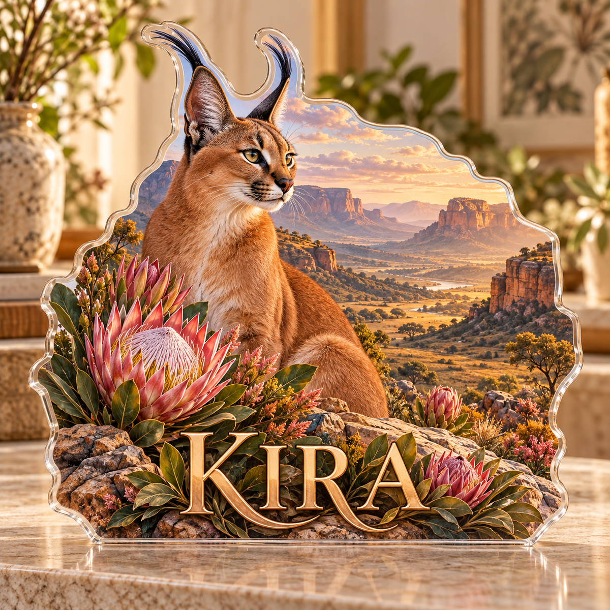 Front view of personalized caracal protea savanna valley acrylic plaque with sample name KIRA, displayed in a softly blurred warm botanical naturalist sitting room on pale stone console