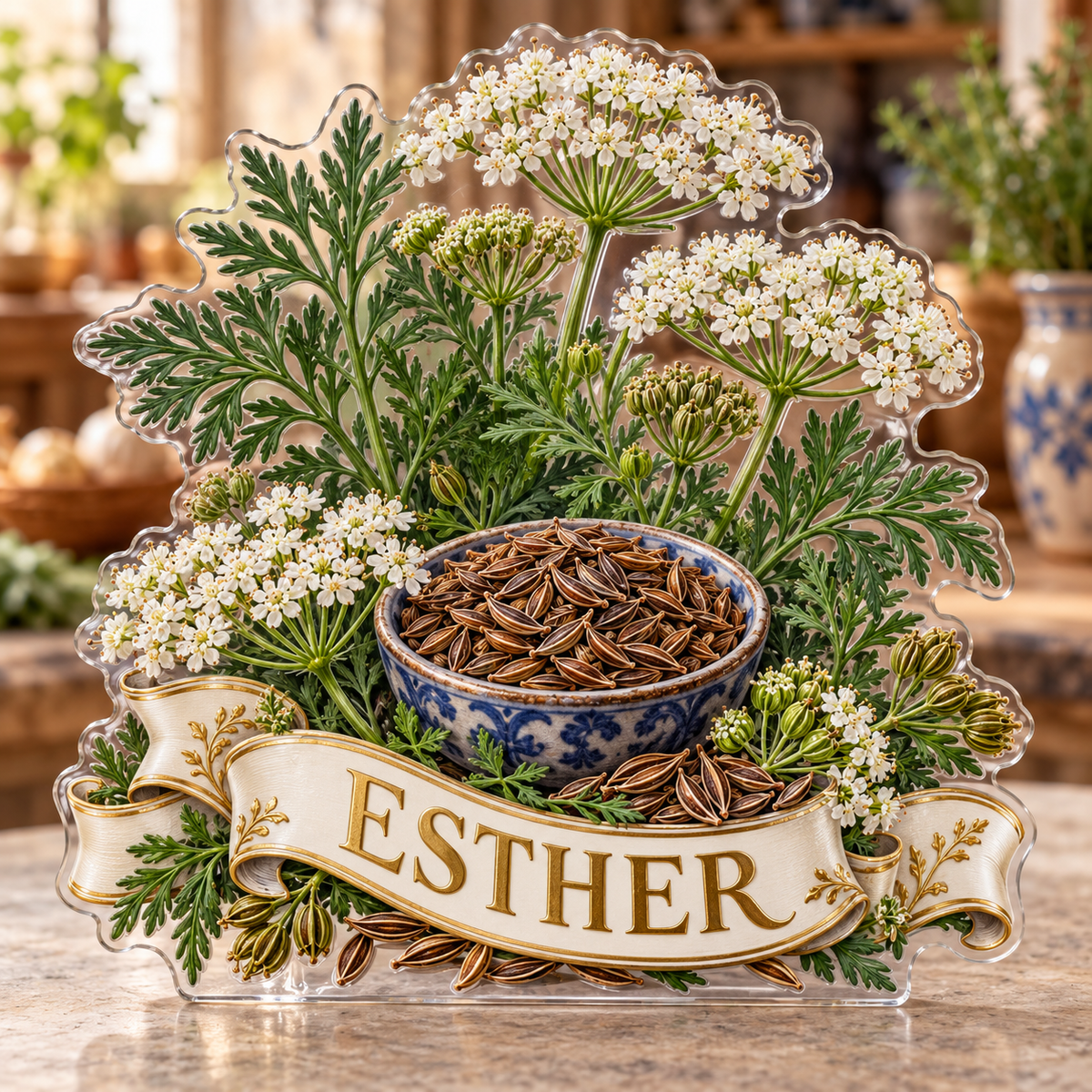 Front view of personalized caraway blossom spice garden acrylic plaque with sample name ESTHER, displayed in a softly blurred warm European herb kitchen