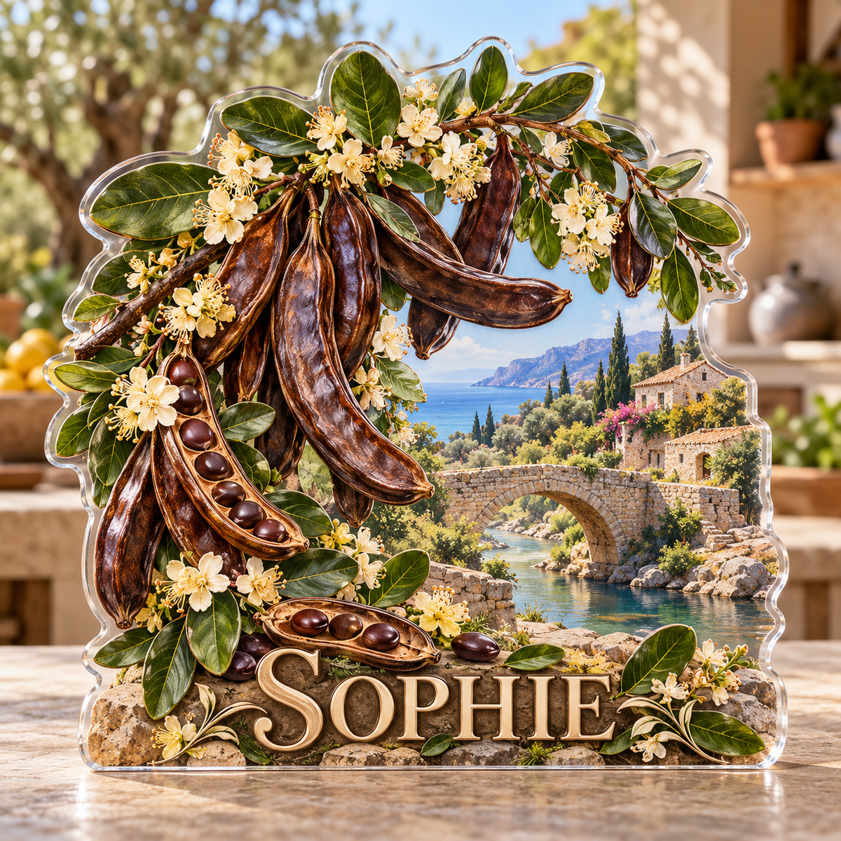 Front view of personalized carob blossom garden bridge acrylic plaque with sample name SOPHIE, displayed in a softly blurred Mediterranean orchard kitchen