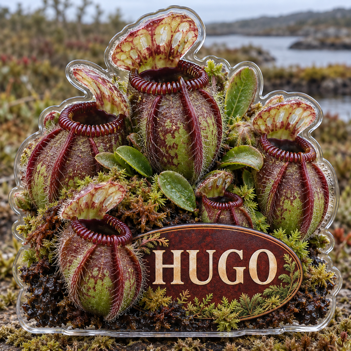 Front view of personalized cephalotus albany garden acrylic plaque with sample name HUGO, displayed in a softly blurred coastal Australian bog garden