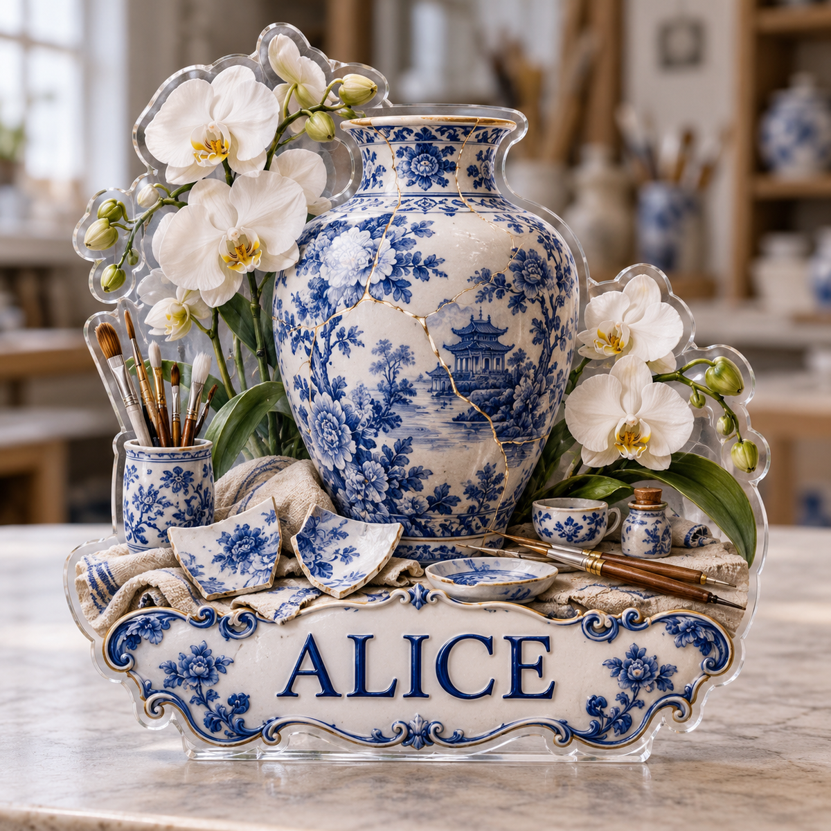 Front view of personalized ceramic restoration orchid acrylic plaque with sample name ALICE, displayed in a softly blurred ceramic conservation studio
