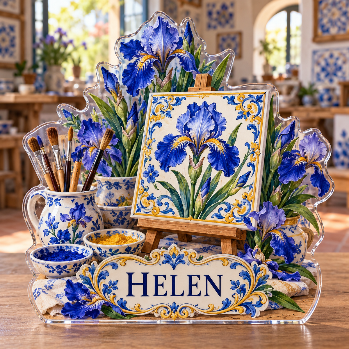 Front view of personalized ceramic tile painting iris atelier acrylic plaque with sample name HELEN, displayed in a softly blurred ceramic tile painting craft room