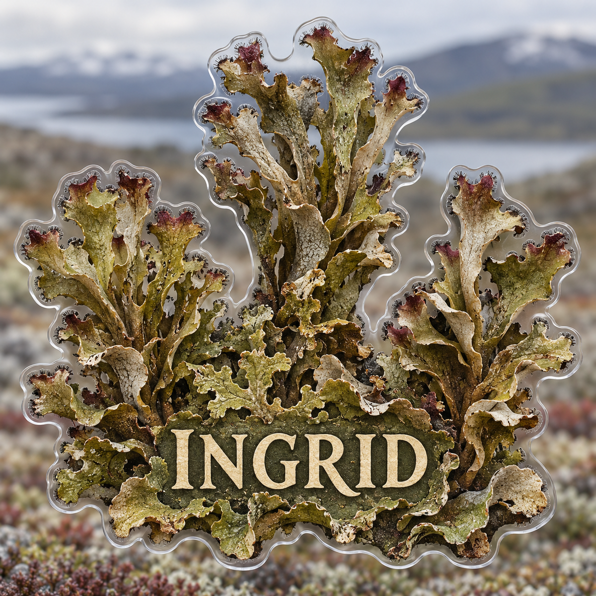 Front view of personalized cetraria iceland lichen acrylic plaque with sample name INGRID, displayed in a softly blurred Nordic heathland