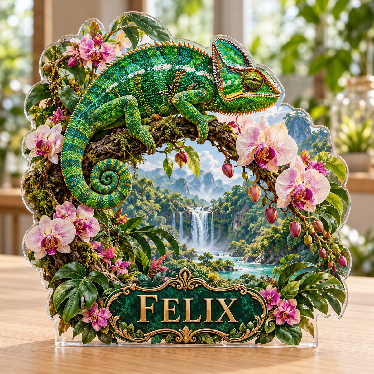 Front view of a chameleon orchid rainforest custom-shape acrylic plaque with example name FELIX, displayed in a softly blurred botanical conservatory on light oak console
