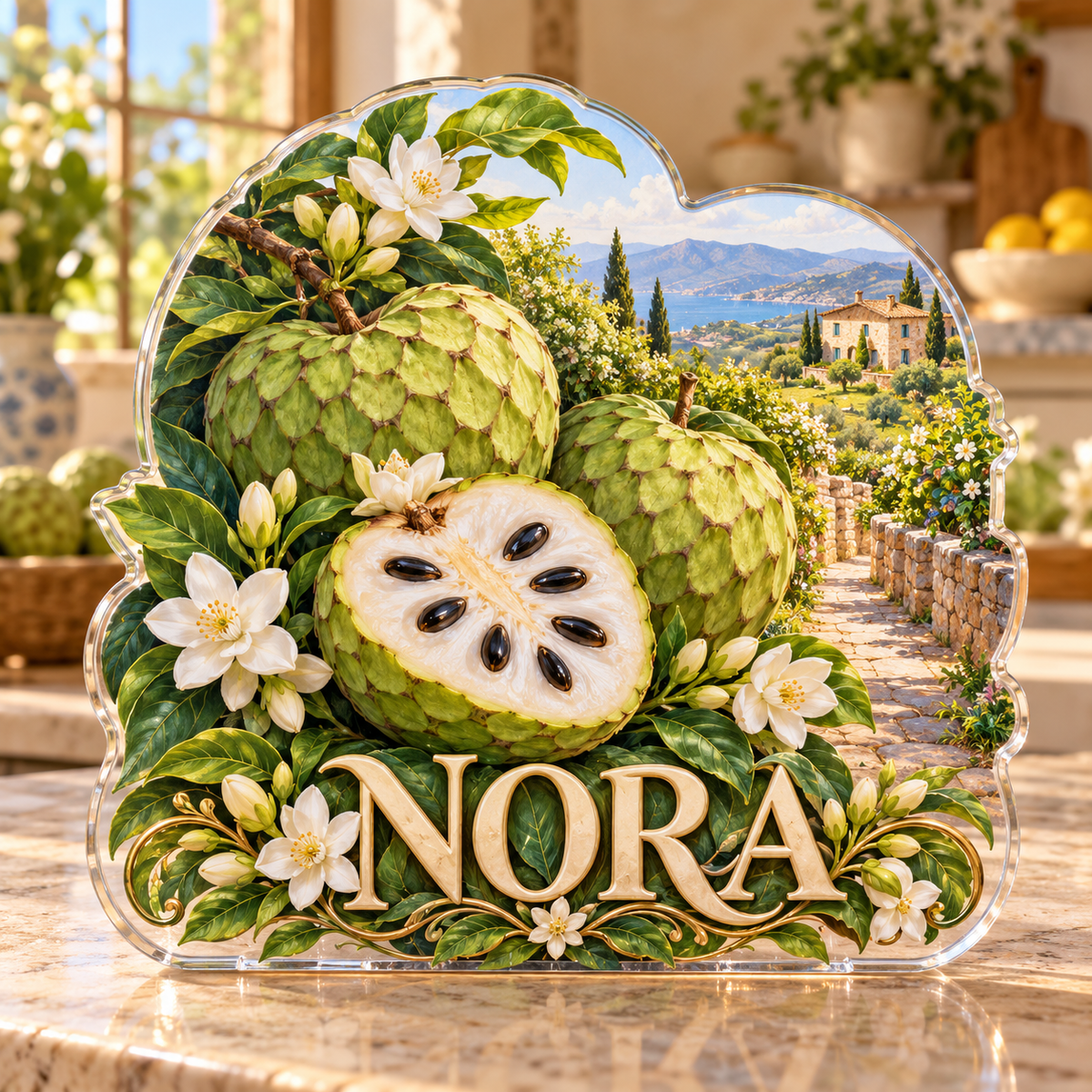 Front view of personalized cherimoya jasmine hillside orchard acrylic plaque with sample name NORA, displayed in a softly blurred sunlit fruit-grower kitchen