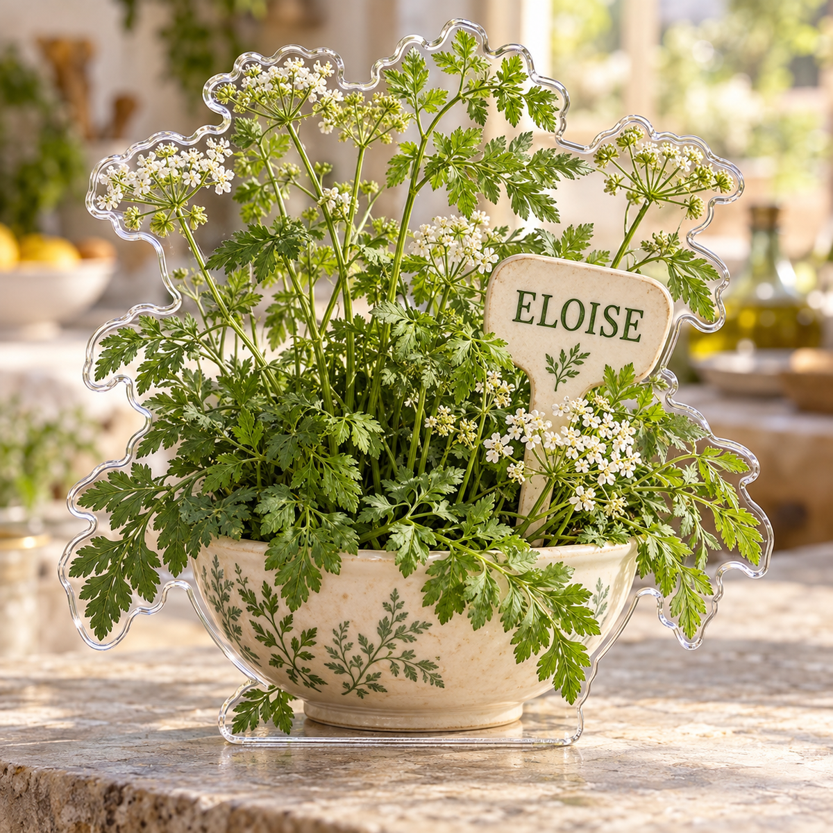 Front view of personalized chervil herb kitchen garden acrylic plaque with sample name ELOISE, displayed in a softly blurred sunlit French herb kitchen