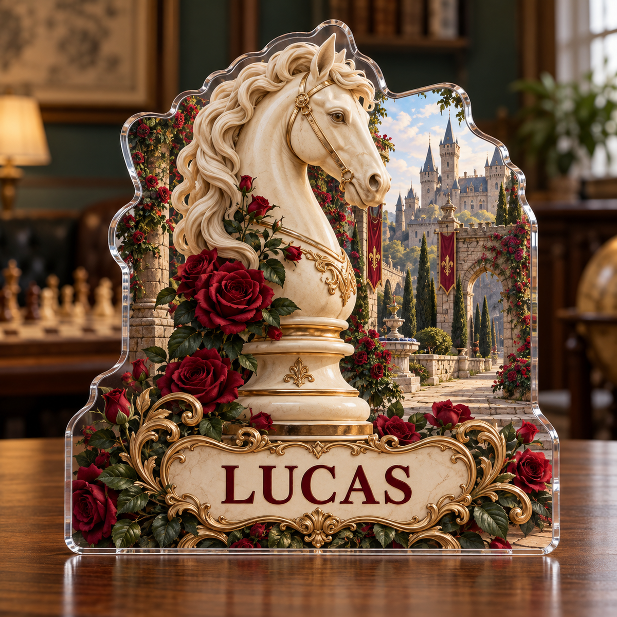 Front view of a chess rose castle custom-shape acrylic plaque with example name LUCAS, displayed in a softly blurred quiet game room on a walnut console
