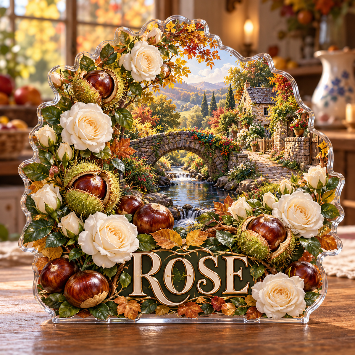 Front view of personalized chestnut white rose cottage bridge acrylic plaque with sample name ROSE, displayed in a softly blurred autumn orchard kitchen