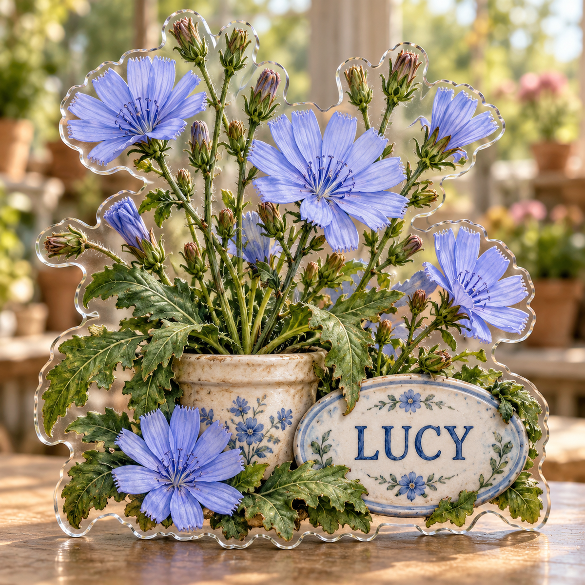 Front view of personalized chicory blue garden acrylic plaque with sample name LUCY, displayed in a softly blurred sunlit garden potting room