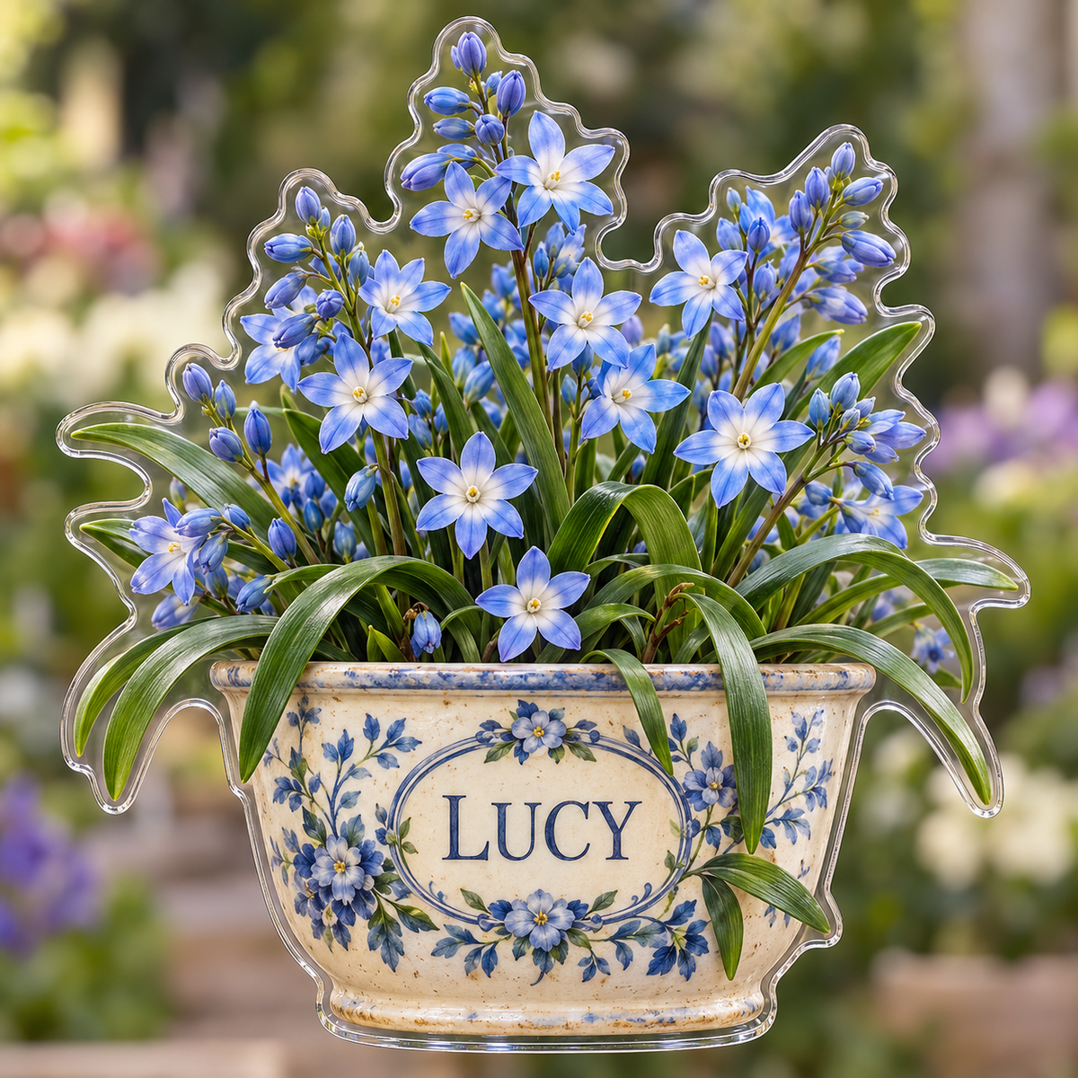 Front view of personalized chionodoxa spring garden acrylic plaque with sample name LUCY, displayed in a softly blurred sunlit chionodoxa spring garden
