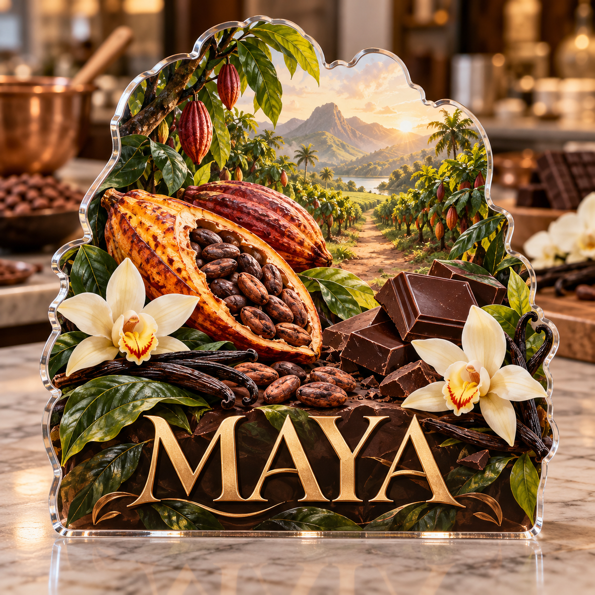 Front view of personalized cacao chocolate workshop acrylic plaque with sample name MAYA, displayed in a softly blurred artisan chocolate kitchen on marble counter