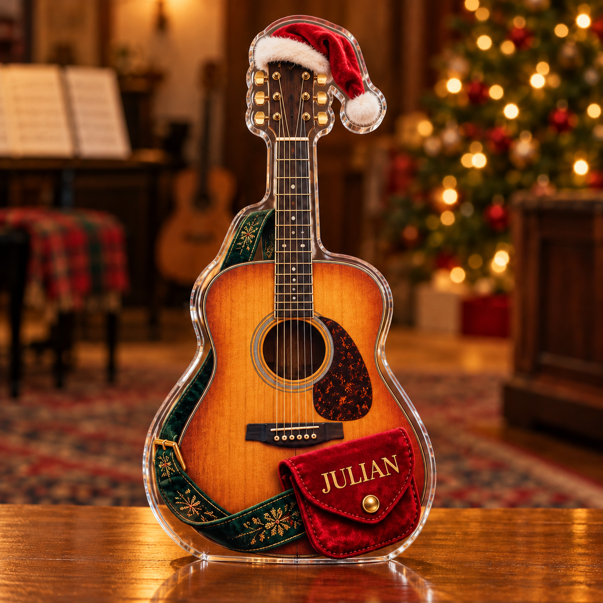 Front view of personalized Christmas Acoustic Guitar acrylic plaque with sample name JULIAN