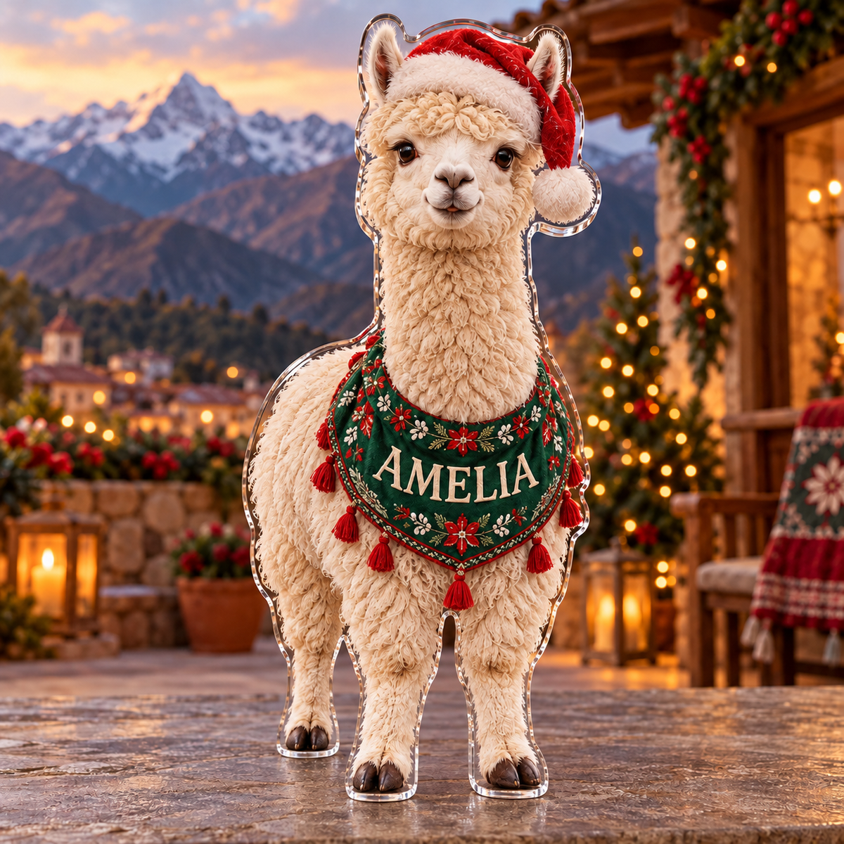 Front view of personalized Christmas Alpaca Andean acrylic plaque with sample name AMELIA