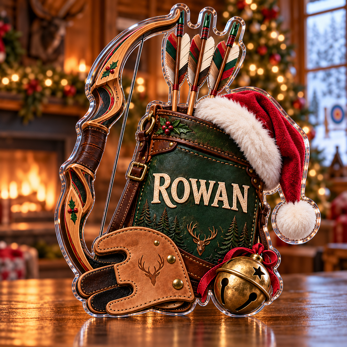 Front view of personalized Christmas Archery Quiver acrylic plaque with sample name ROWAN