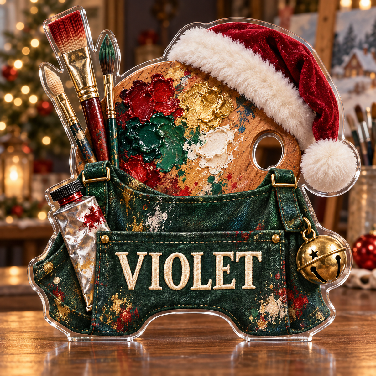 Front view of personalized Christmas Artist Palette acrylic plaque with sample name VIOLET