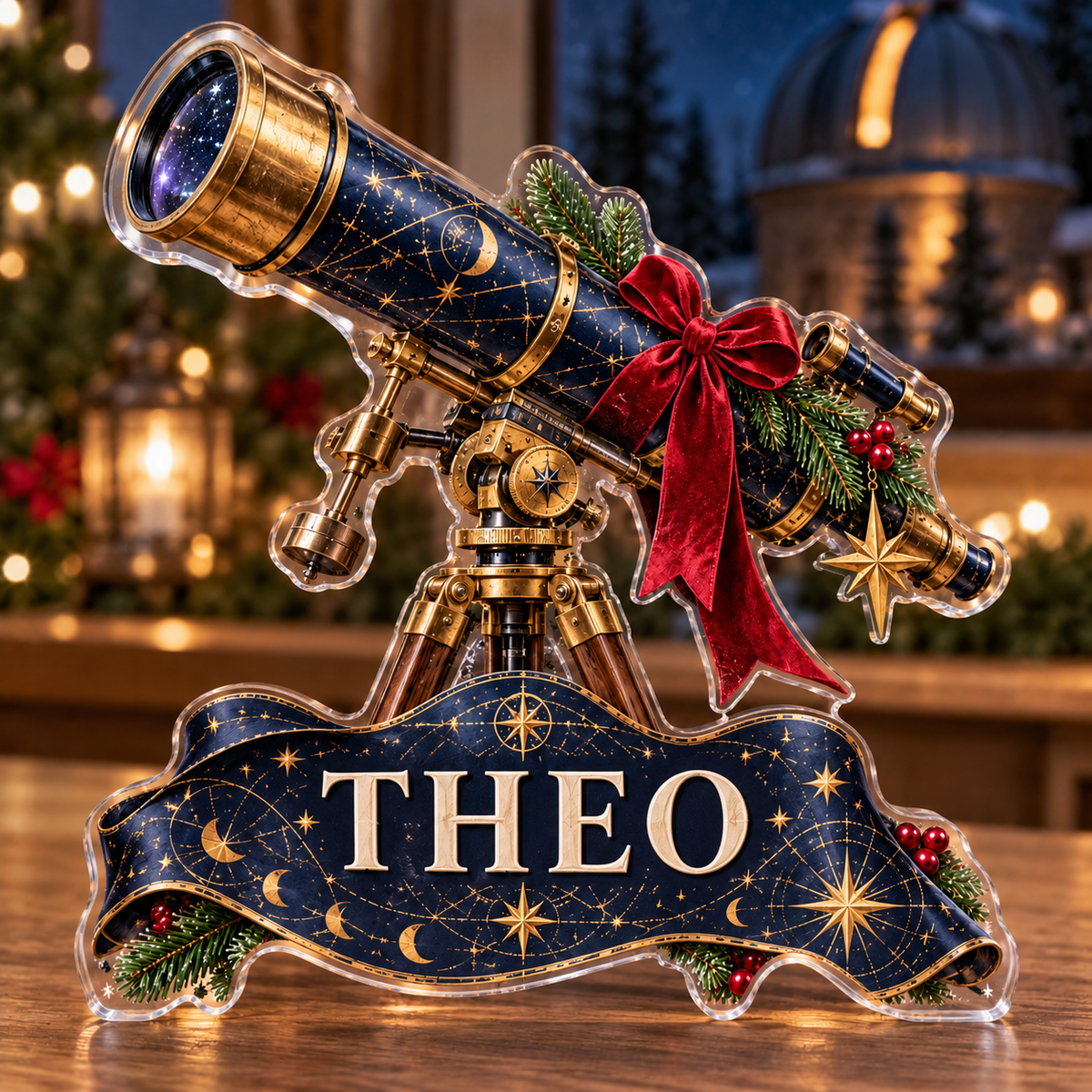 Front view of personalized christmas astronomy telescope acrylic plaque with sample name THEO, displayed in a softly blurred Christmas observatory nook