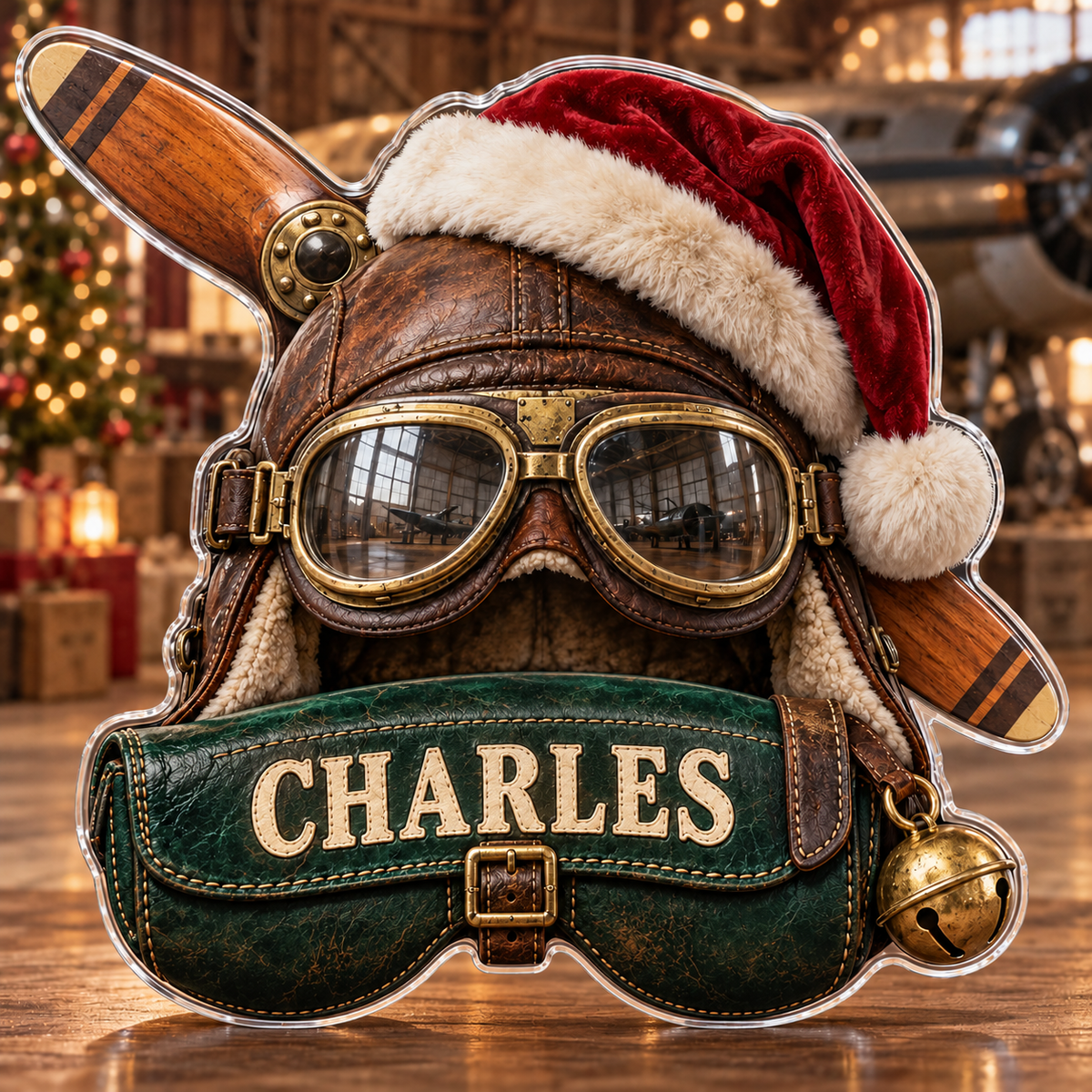 Front view of personalized Christmas Aviator Goggles acrylic plaque with sample name CHARLES