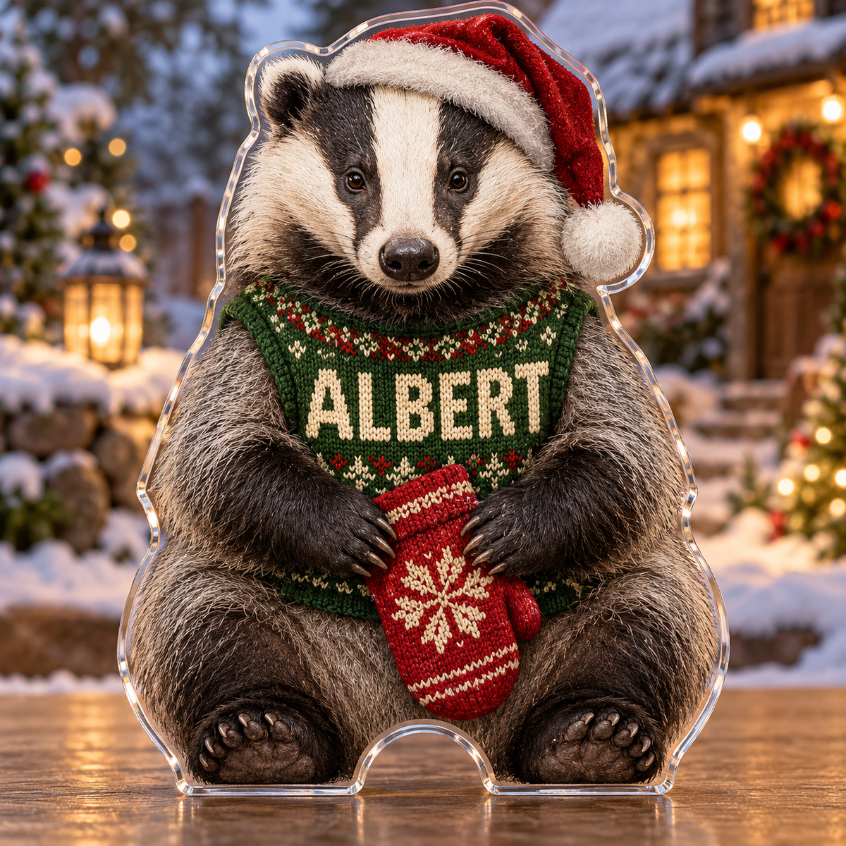 Front view of personalized Christmas Badger Mitten acrylic plaque with sample name ALBERT