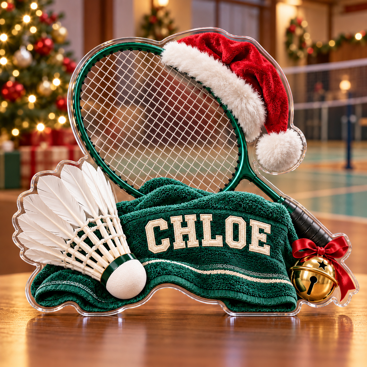 Front view of personalized Christmas Badminton Shuttlecock acrylic plaque with sample name CHLOE