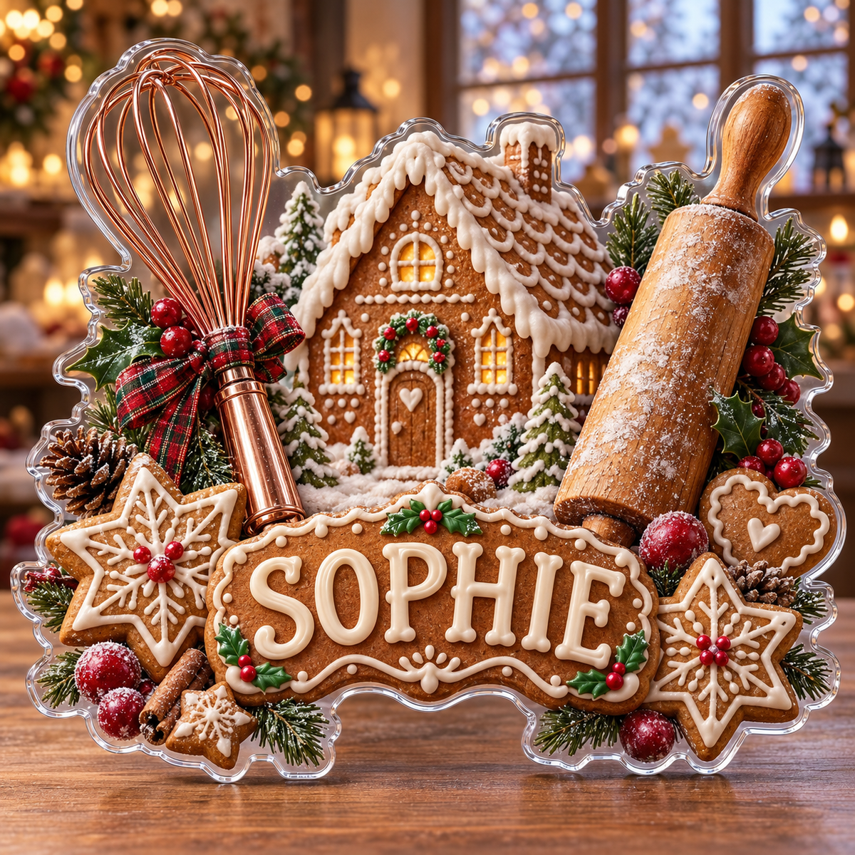 Front view of personalized christmas baker gingerbread acrylic plaque with sample name SOPHIE, displayed in a softly blurred festive bakery with warm Christmas window lights