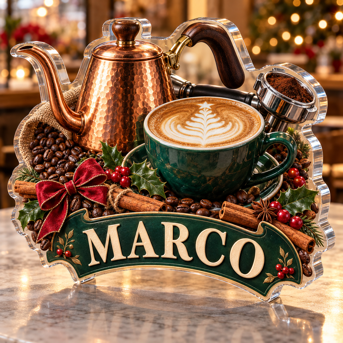 Front view of personalized christmas barista coffee acrylic plaque with sample name MARCO, displayed in a softly blurred festive artisan coffee shop