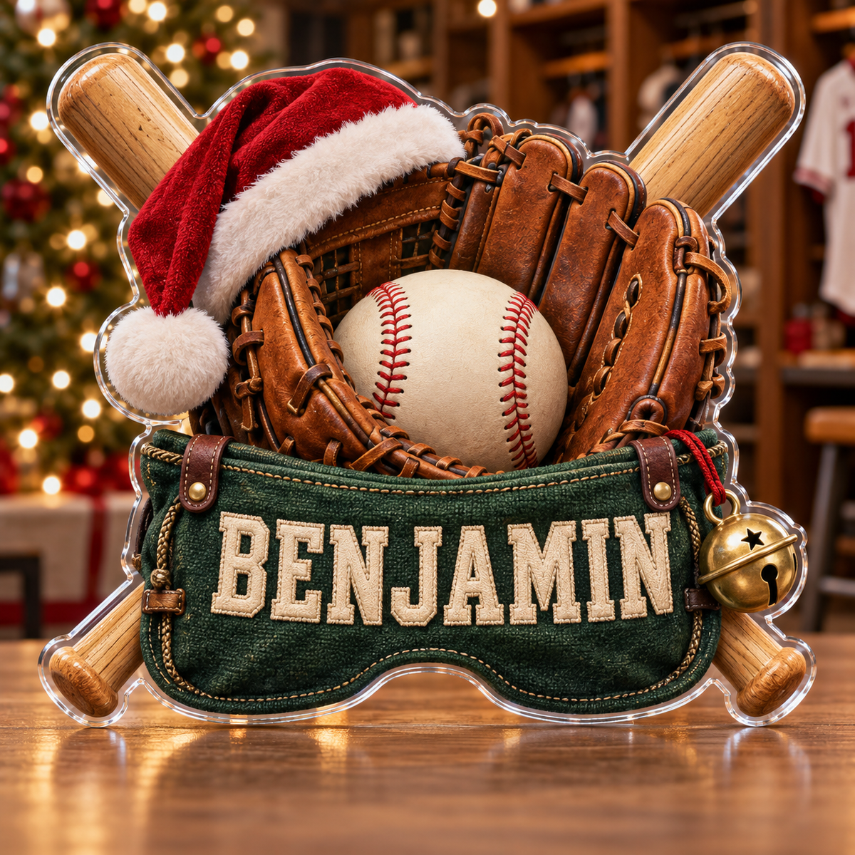 Front view of personalized Christmas Baseball Mitt acrylic plaque with sample name BENJAMIN