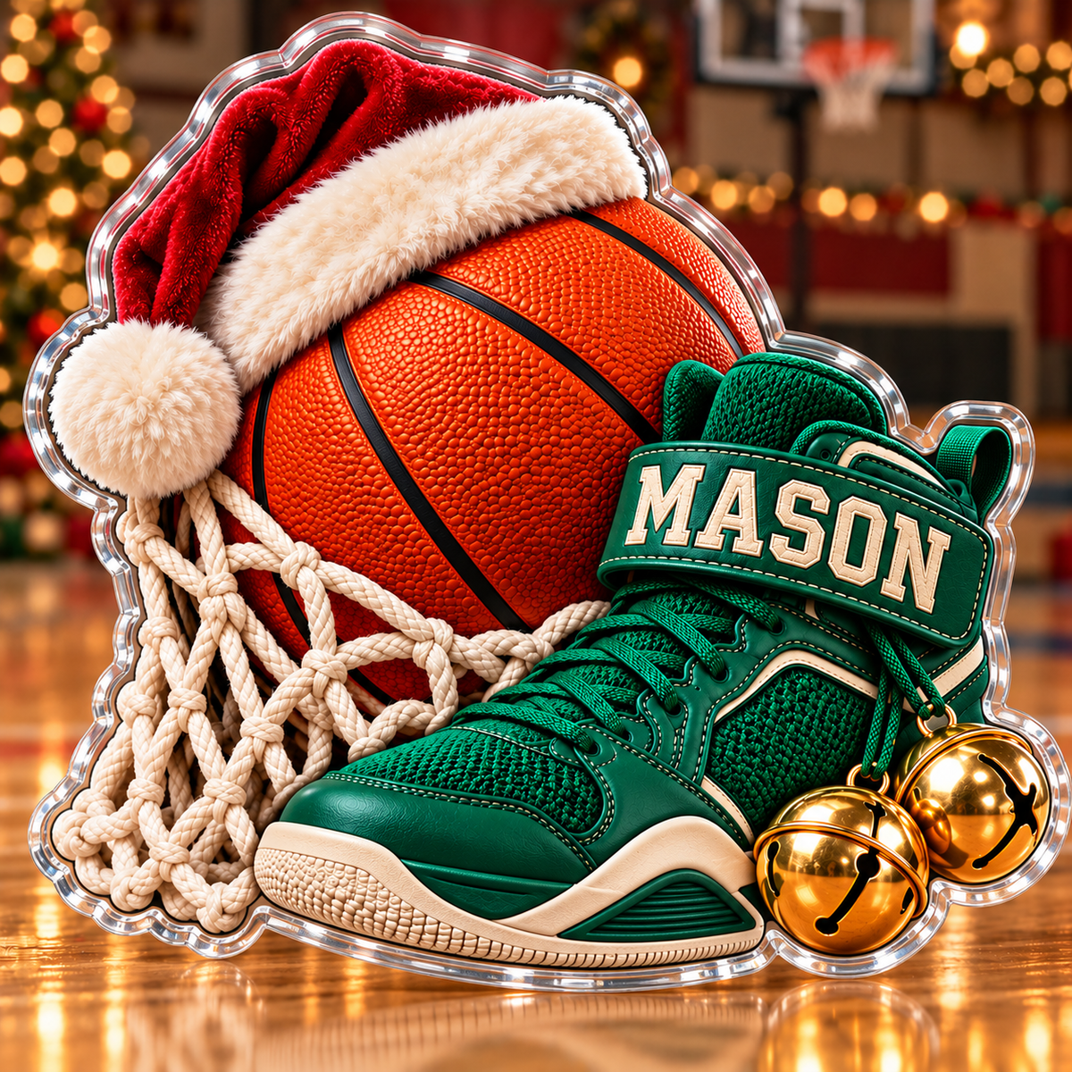 Front view of personalized Christmas Basketball High Top acrylic plaque with sample name MASON