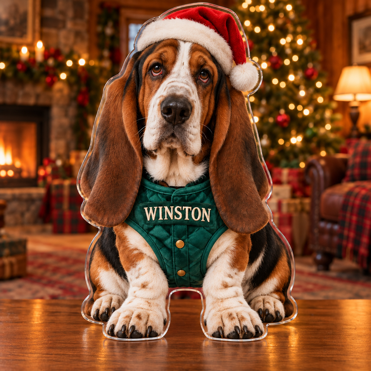 Front view of personalized Christmas Basset Country Lodge acrylic plaque with sample name WINSTON