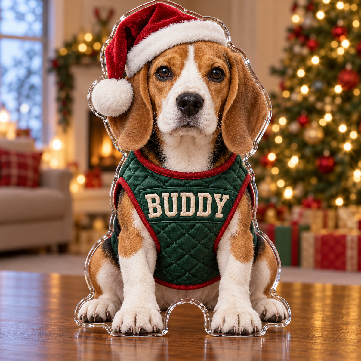 Front view of personalized Christmas Beagle Vest acrylic plaque with sample name BUDDY