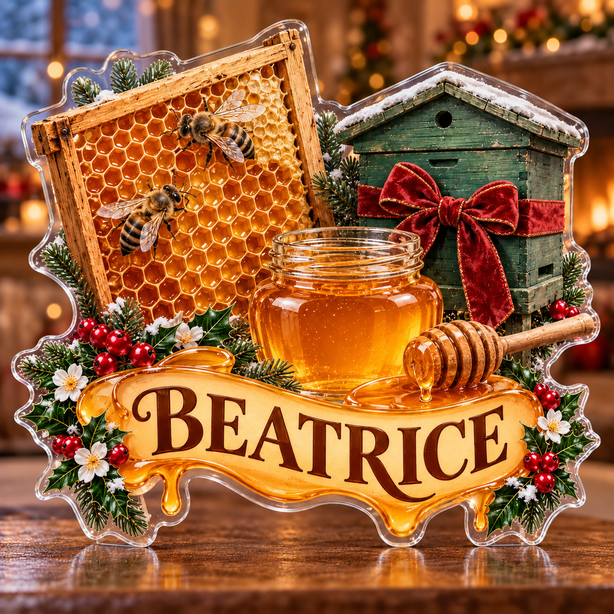 Front view of personalized christmas beekeeper honey acrylic plaque with sample name BEATRICE, displayed in a softly blurred cozy Christmas apiary cottage