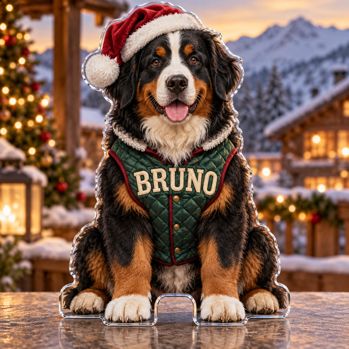 Front view of personalized Christmas Bernese Chalet acrylic plaque with sample name BRUNO
