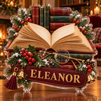 Front view of personalized christmas booklover library acrylic plaque with sample name ELEANOR, displayed in a softly blurred cozy Christmas library