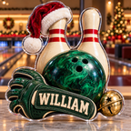 Front view of personalized Christmas Bowling Strike acrylic plaque with sample name WILLIAM