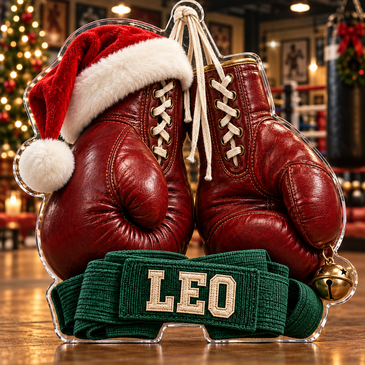 Front view of personalized Christmas Boxing Gloves acrylic plaque with sample name LEO
