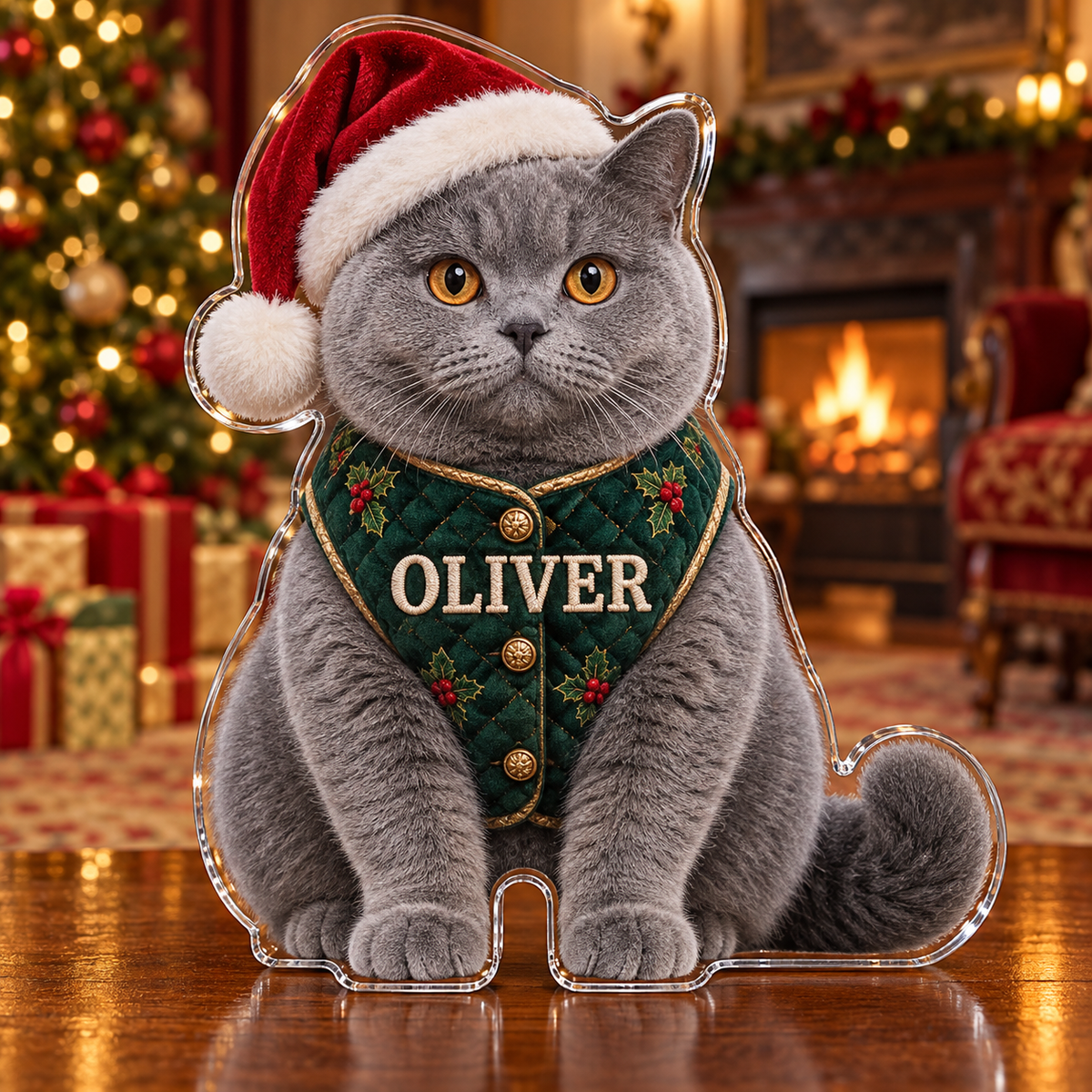 Front view of personalized Christmas British Shorthair acrylic plaque with sample name OLIVER