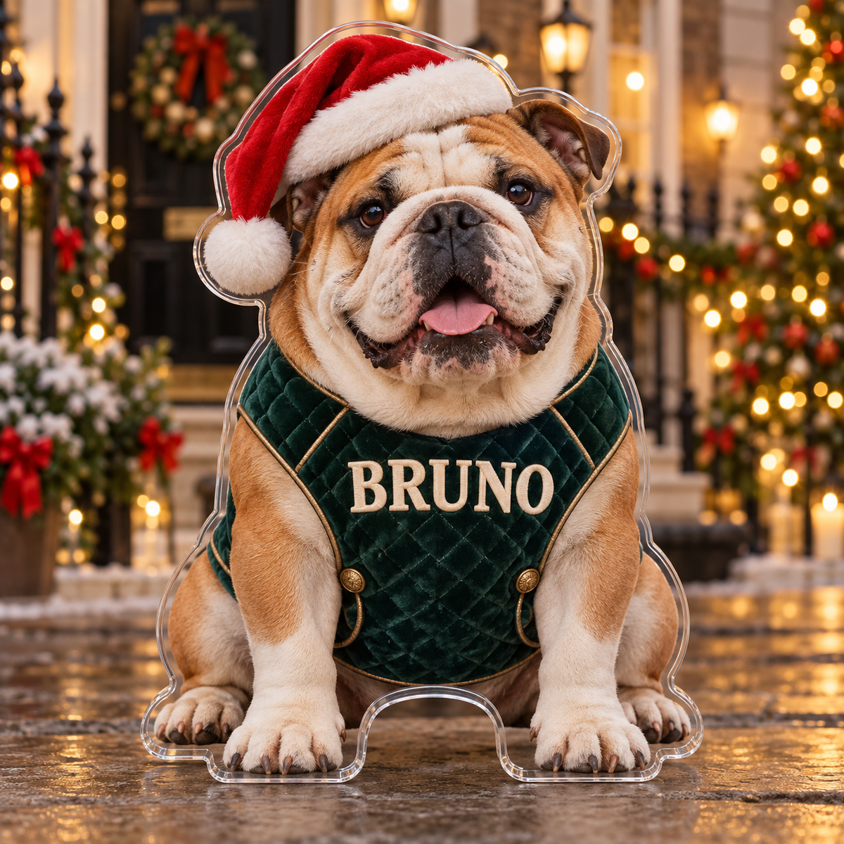 Front view of personalized Christmas Bulldog Townhouse acrylic plaque with sample name BRUNO