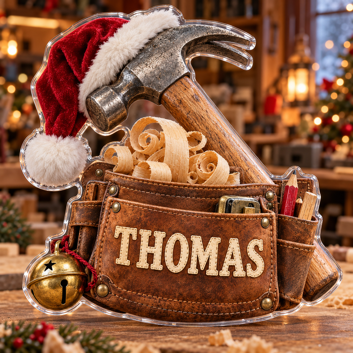 Front view of personalized Christmas Carpenter Tool Belt acrylic plaque with sample name THOMAS