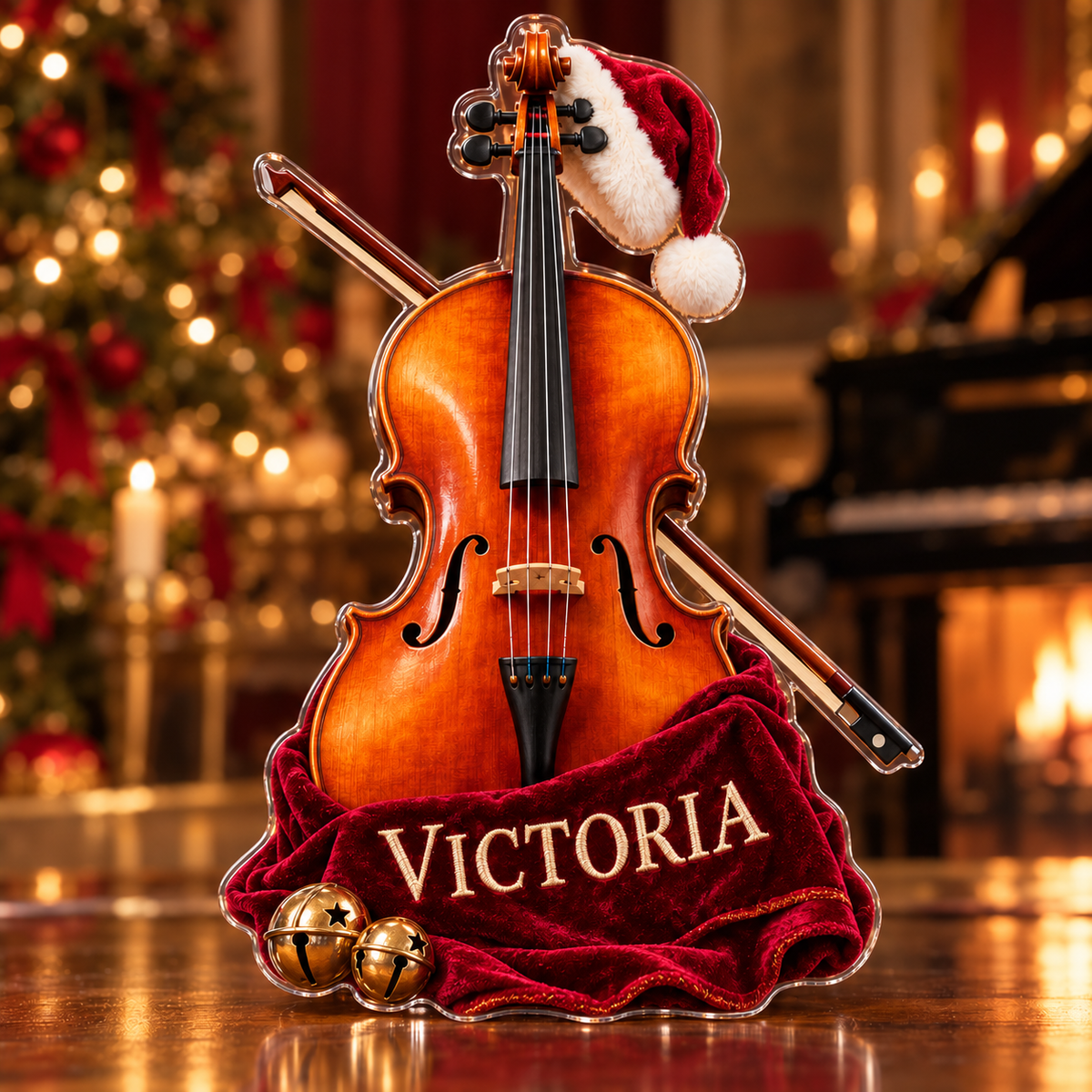 Front view of personalized Christmas Cello Concert acrylic plaque with sample name VICTORIA