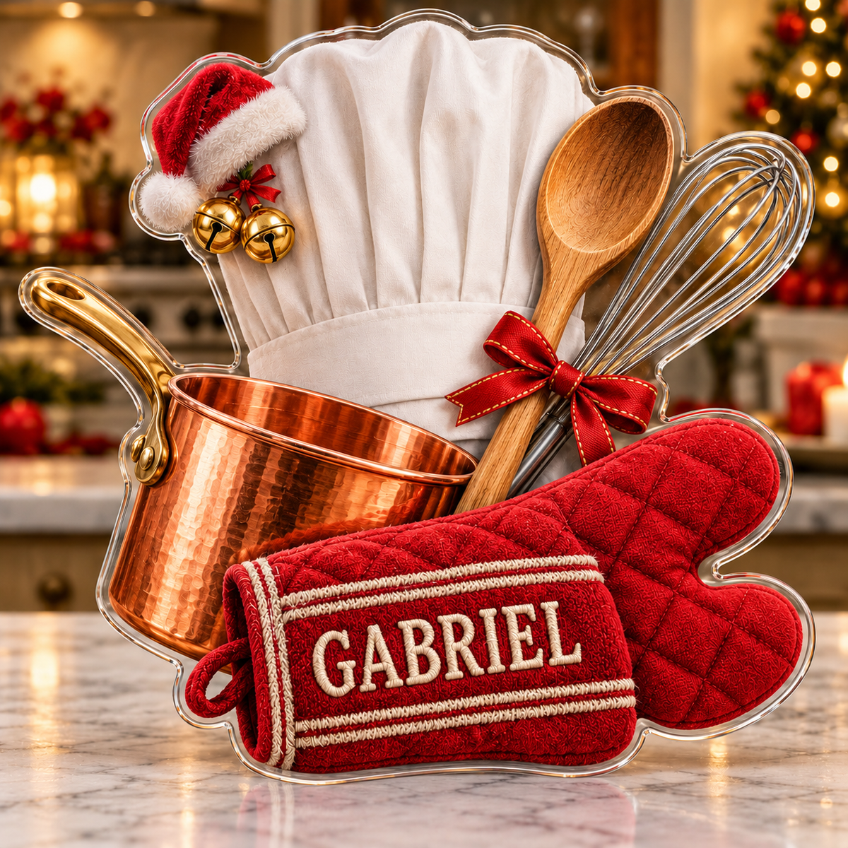 Front view of personalized Christmas Chef Copper Kitchen acrylic plaque with sample name GABRIEL