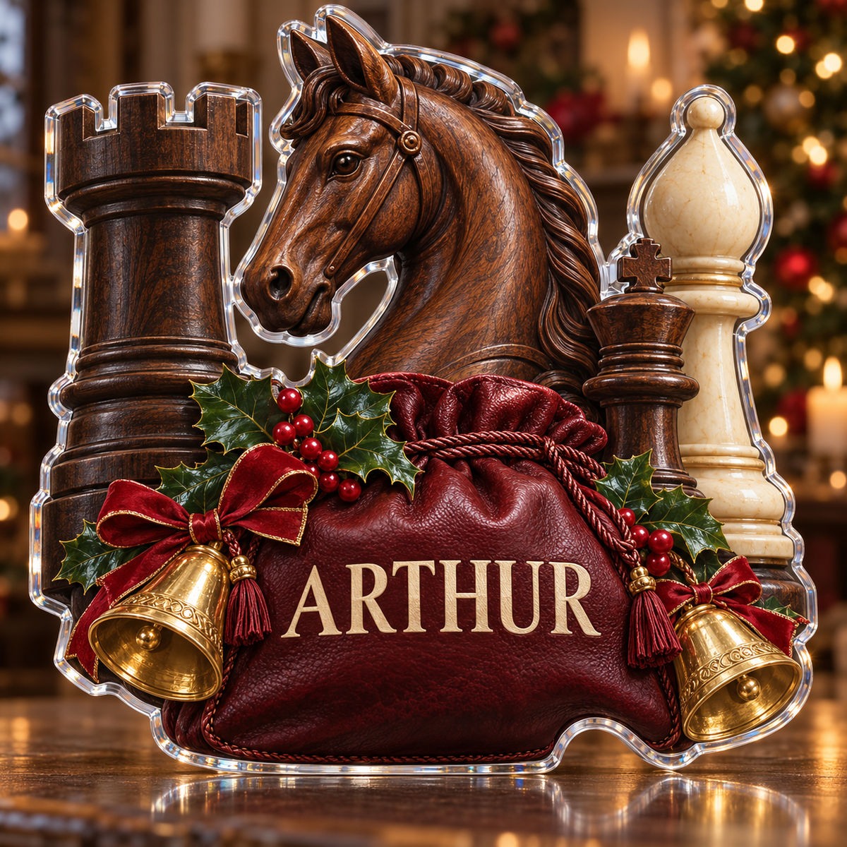 Front view of Christmas chess knight personalized acrylic plaque with sample name ARTHUR in a festive chess club