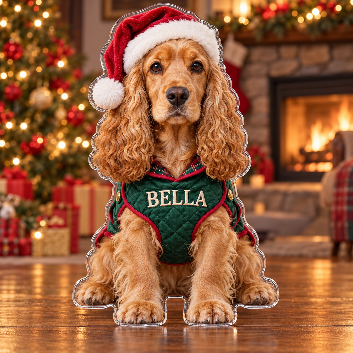 Front view of personalized Christmas Cocker Spaniel acrylic plaque with sample name BELLA
