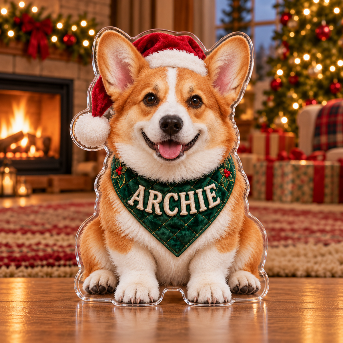 Front view of personalized Christmas Corgi Bandana acrylic plaque with sample name ARCHIE