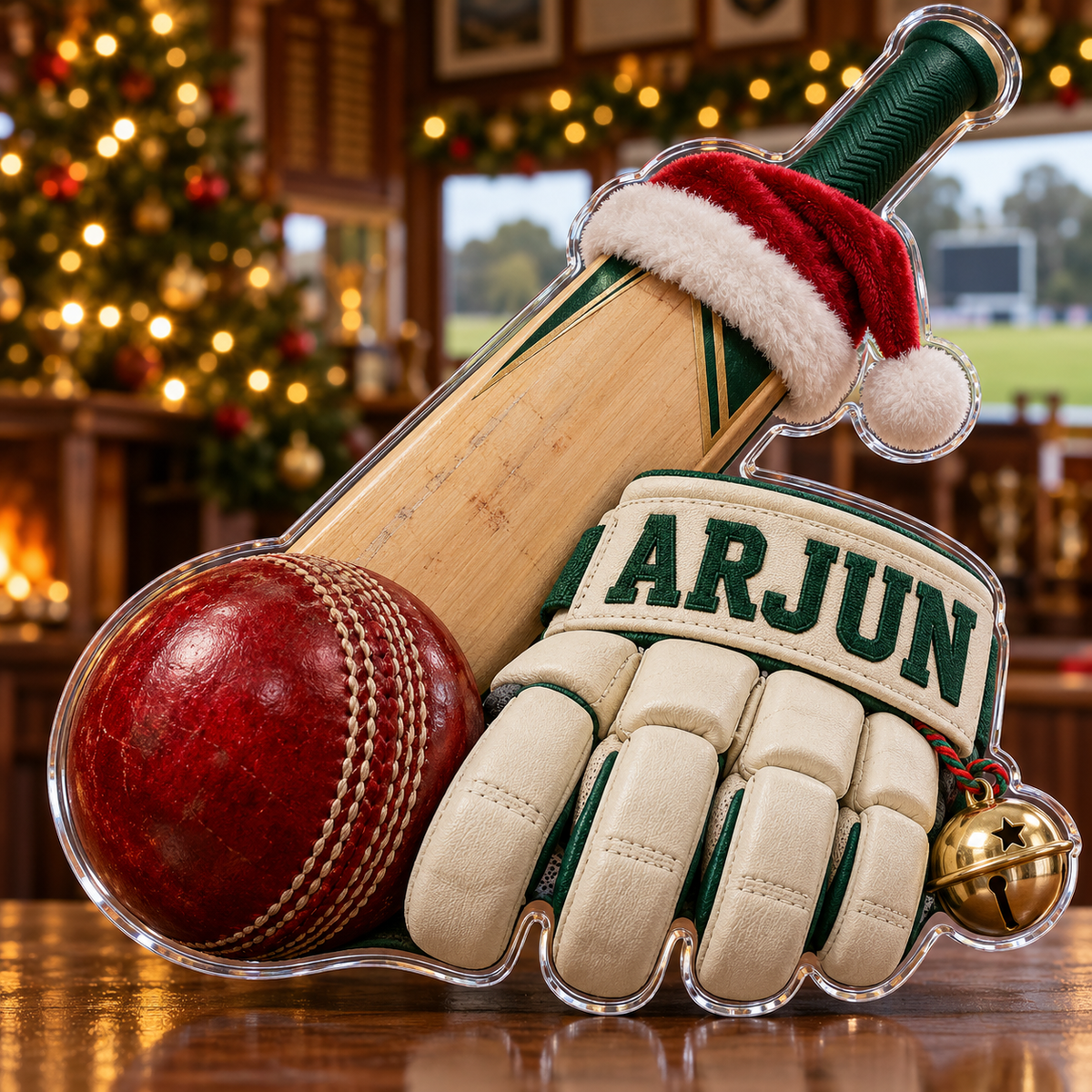 Front view of personalized Christmas Cricket Bat acrylic plaque with sample name ARJUN