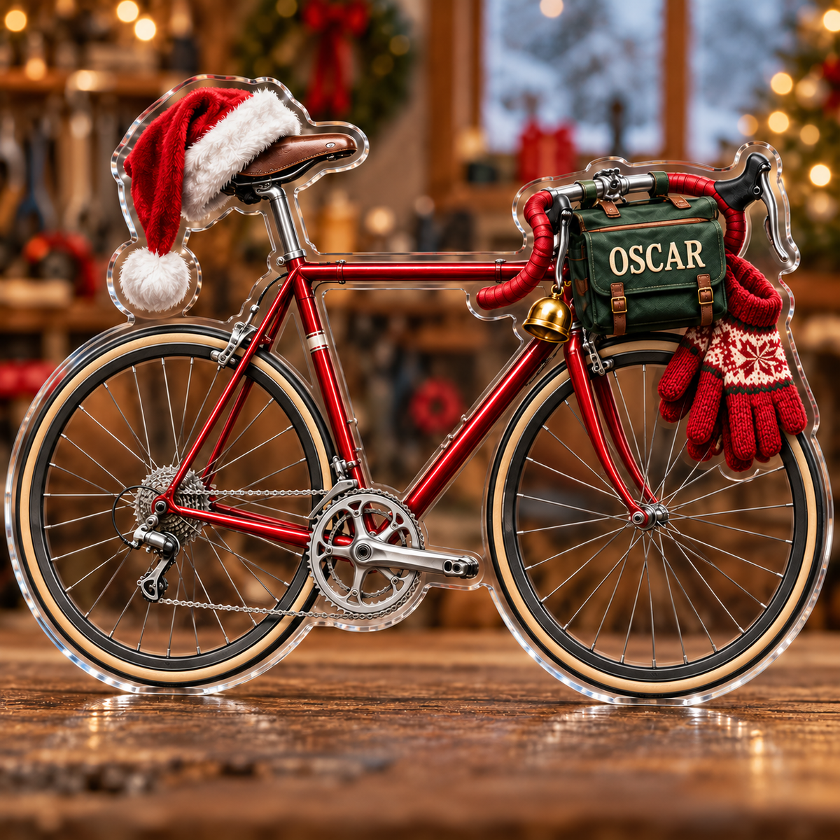 Front view of personalized Christmas Cycling Road Bike acrylic plaque with sample name OSCAR