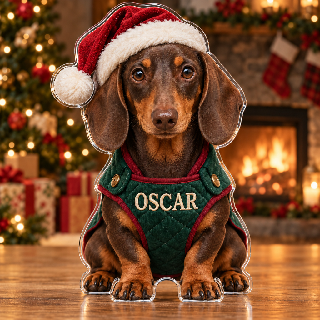 Front view of personalized Christmas Dachshund Coat acrylic plaque with sample name OSCAR