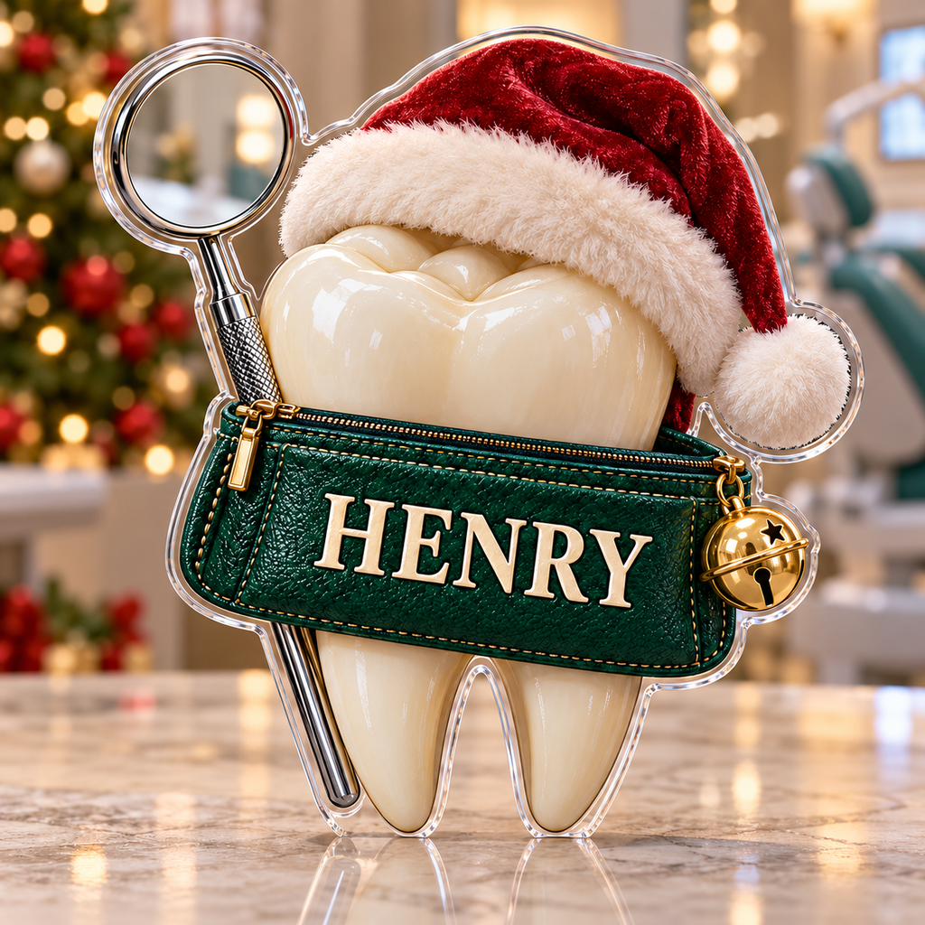 Front view of personalized Christmas Dental Molar acrylic plaque with sample name HENRY