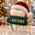Front view of personalized Christmas Dental Molar acrylic plaque with sample name HENRY