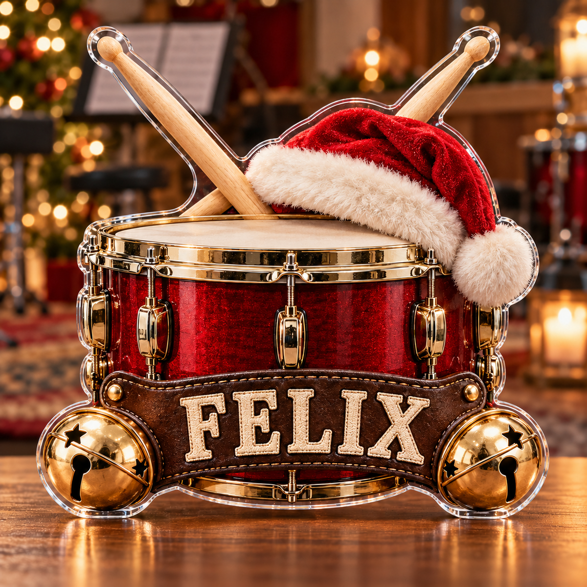 Front view of personalized Christmas Drummer Snare acrylic plaque with sample name FELIX